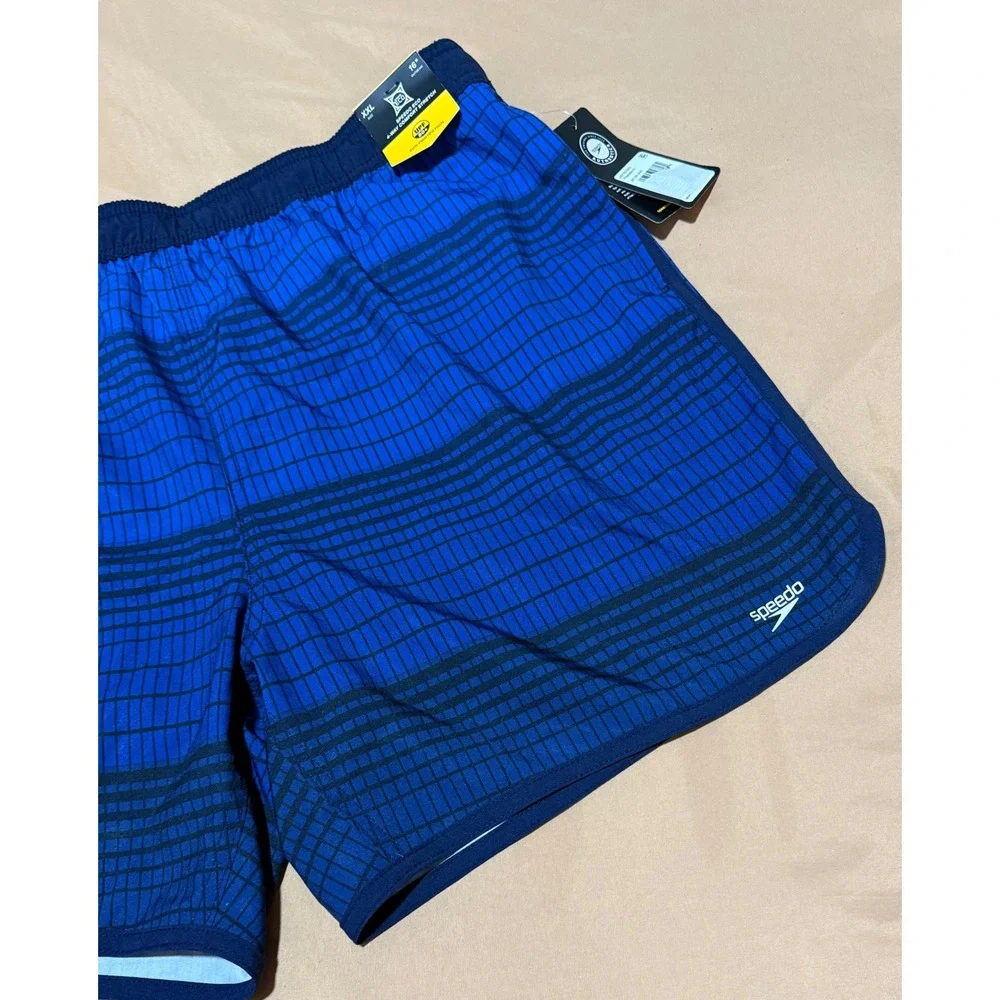 Speedo Men's Blue Grid Print Swim Trunks 16